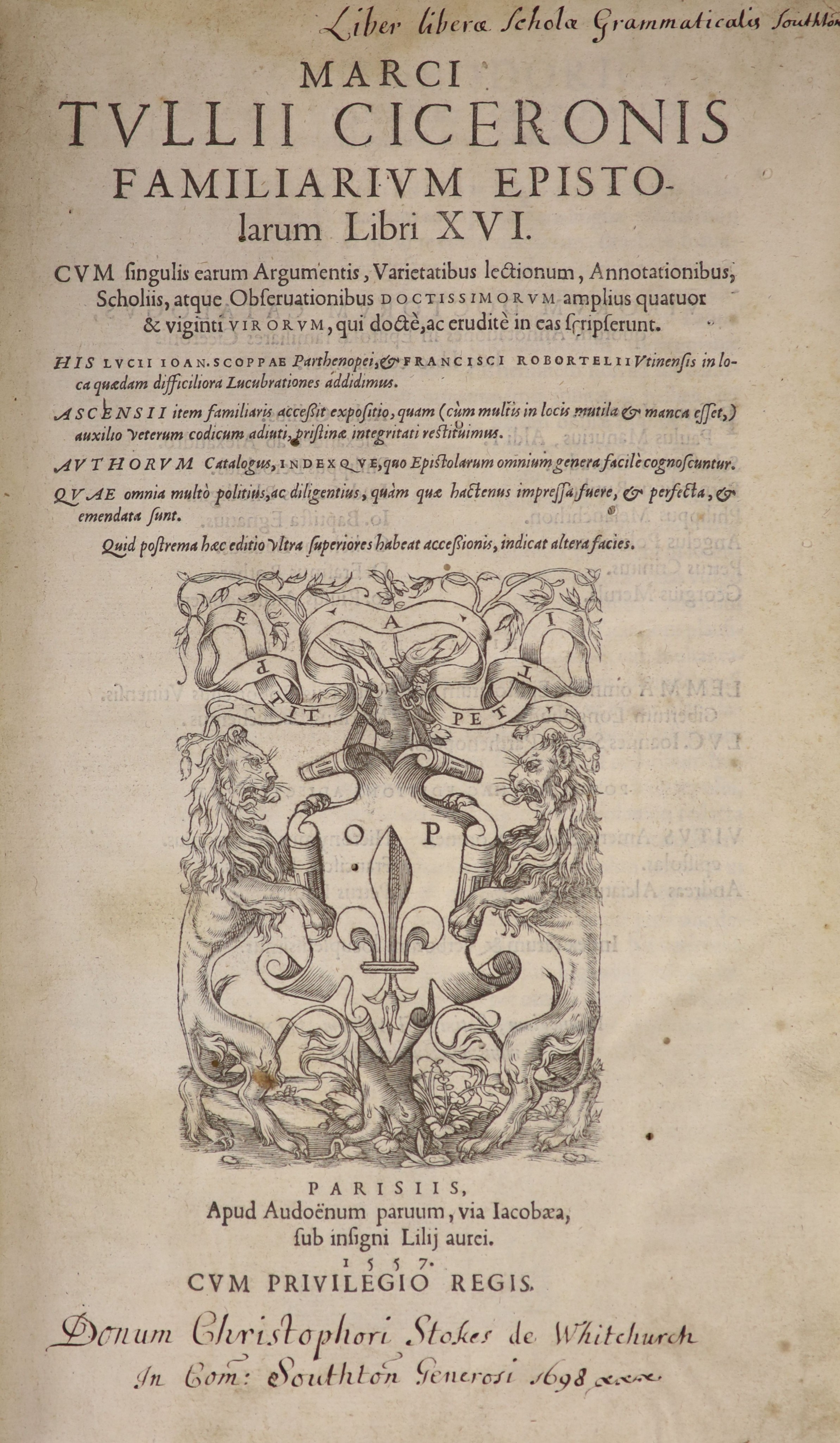 Cicero - Familarium Episto-larum Libri XVI ... engraved title device, decorated initial letters; (44), 803, (12)pp. and privilege / colphon leaf; old half calf and marbled boards, gilt-lettered